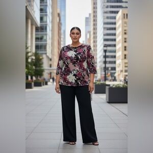 Claire France, Plus Size Floral Cowl Neck Top, 1X, Pink, Black, Silver